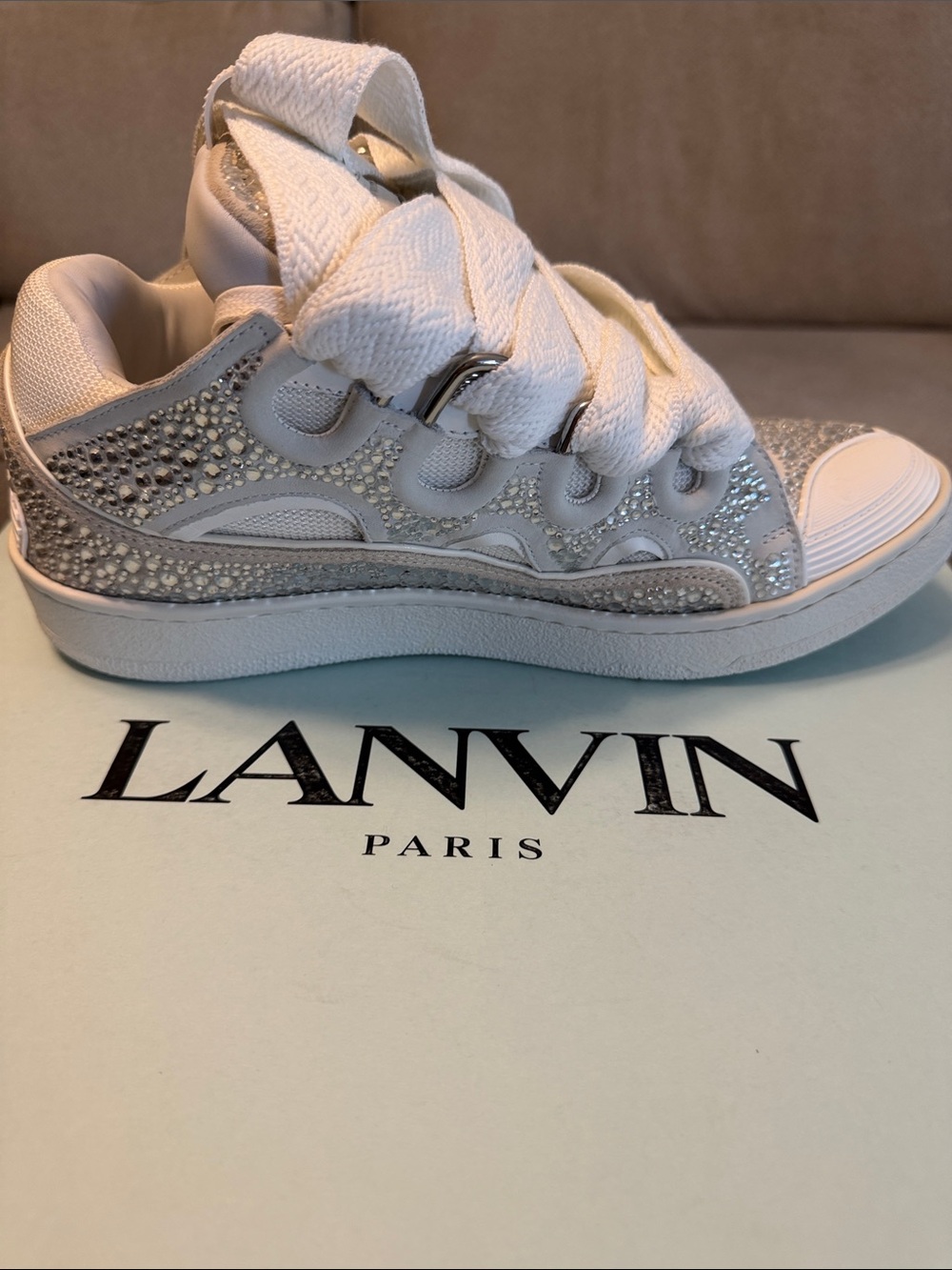 Lanvin White and Silver Crystal-Detail Low-Top Sneaker - Picture 6 of 10